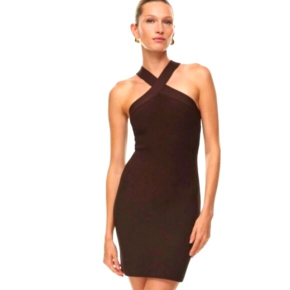 Aritzia Babaton Dress S Sculpt Knit Criss Cross Mini Dress Brown - Picture 1 of 16
